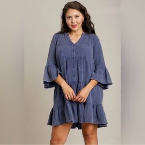 Umgee Blue Gauze Boho Cotton Tiered Dress